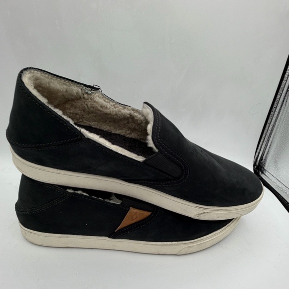 Olukai Pehuea Hulu Grey Leather Shearling Slip On Sneakers Womens 9 Warm Cozy - Picture 4 of 7